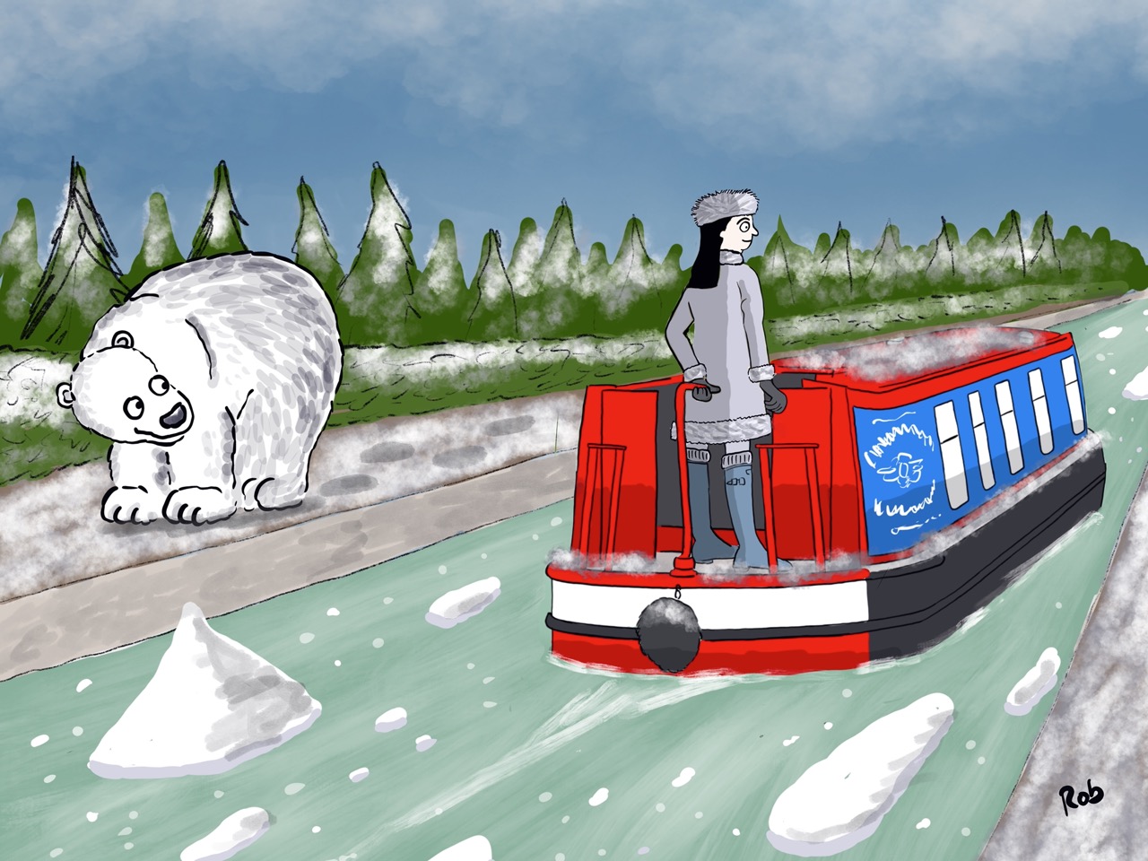 Boat cartoon of a canal boat with a polar bear